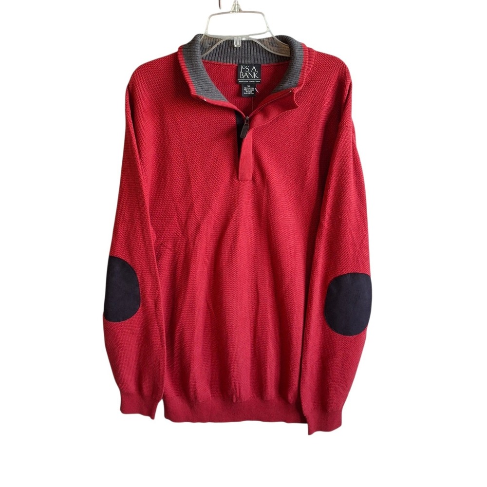 NWT Jos A Bank Sweater XL Mens Red Gray 1/4 Zip Cotton Elbow Patches Cotton